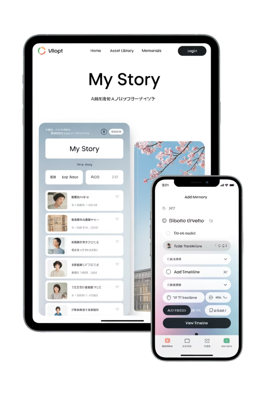 Device mockups showing mobile and tablet interfaces